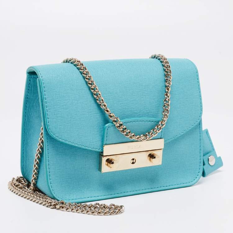 Pre Owned Furla Turquoise Leather Mini Metropolis Chain Crossbody Bag
