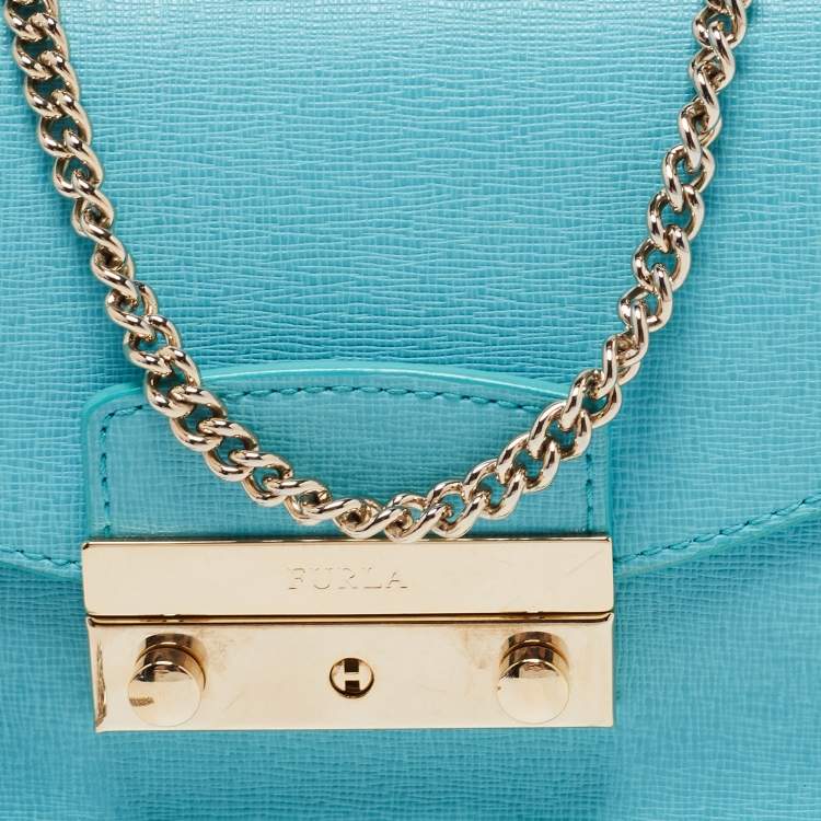 Pre Owned Furla Turquoise Leather Mini Metropolis Chain Crossbody Bag
