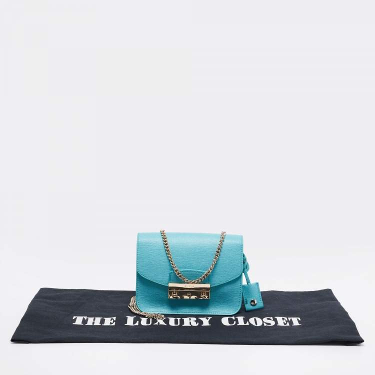 Pre Owned Furla Turquoise Leather Mini Metropolis Chain Crossbody Bag