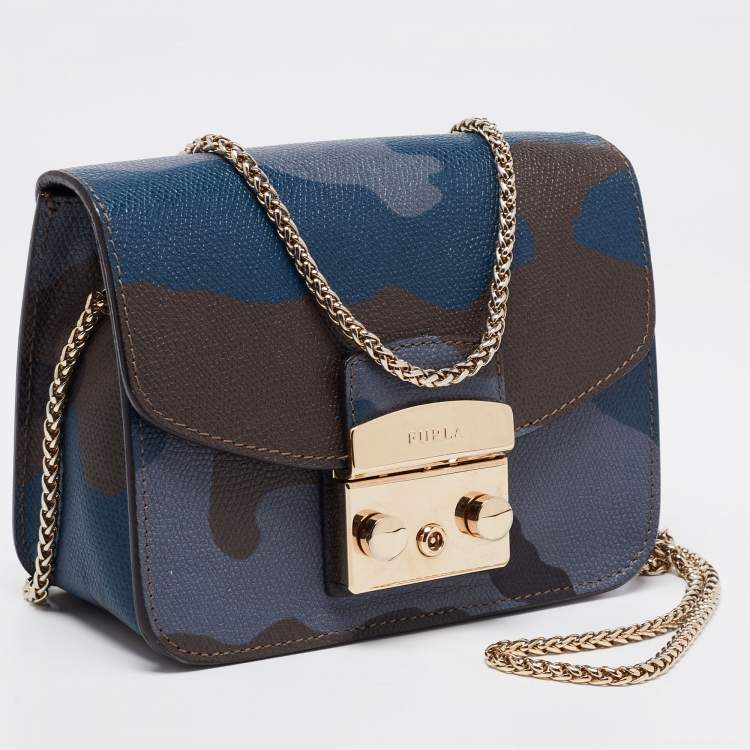 Pre Owned Furla Multicolor Camo Print Leather Mini Metropolis Chain Crossbody Bag