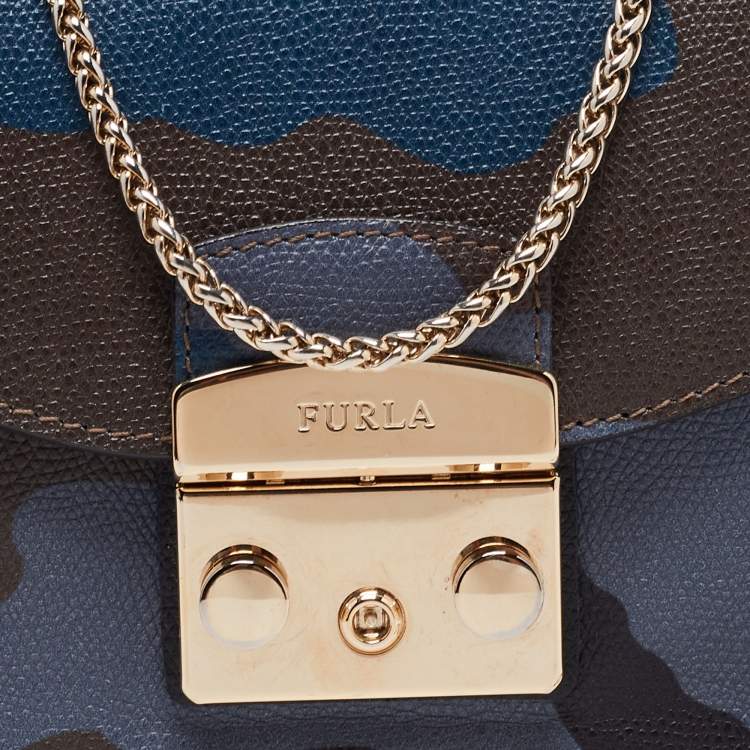 Pre Owned Furla Multicolor Camo Print Leather Mini Metropolis Chain Crossbody Bag