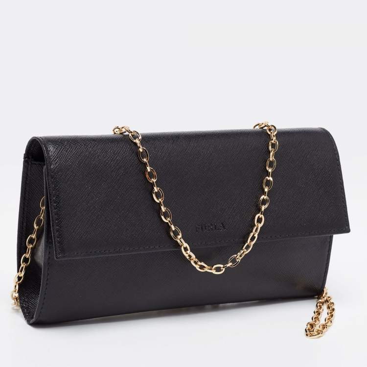 Pre Owned Furla Black Leather Wallet On Chain