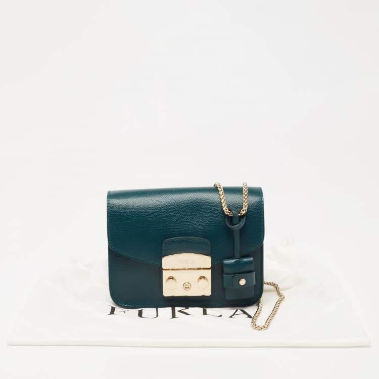 Pre Owned Furla Teal Blue Leather Mini Metropolis Chain Shoulder Bag