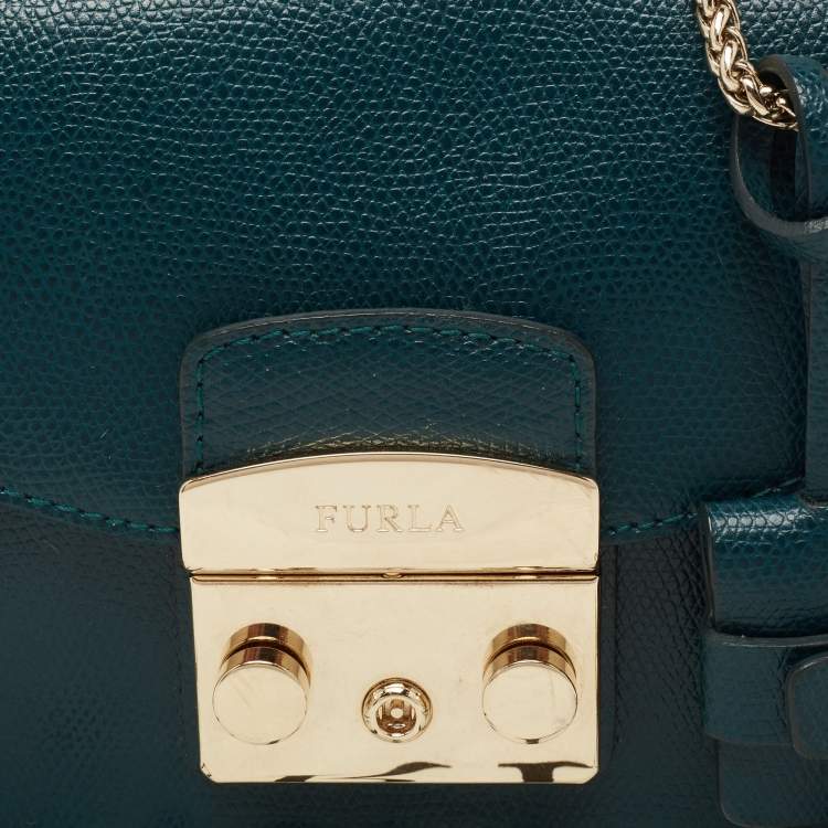 Pre Owned Furla Teal Blue Leather Mini Metropolis Chain Shoulder Bag