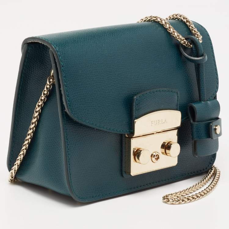 Pre Owned Furla Teal Blue Leather Mini Metropolis Chain Shoulder Bag