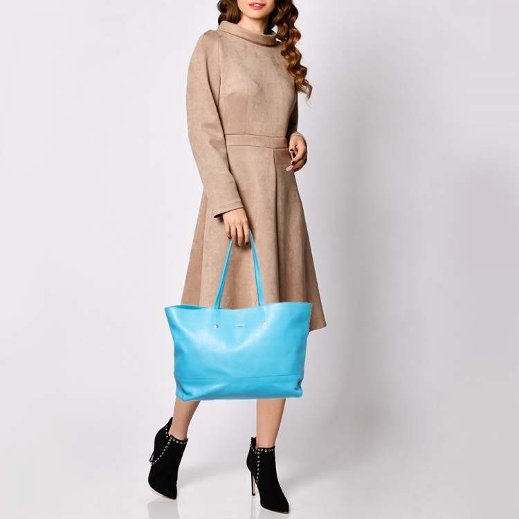 Pre Owned Furla Sky Blue Leather Snap Tote