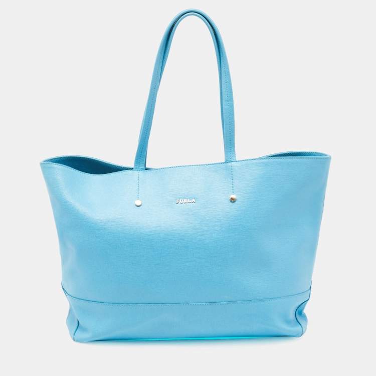 Pre Owned Furla Sky Blue Leather Snap Tote
