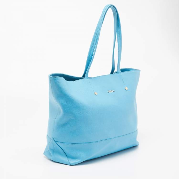 Pre Owned Furla Sky Blue Leather Snap Tote