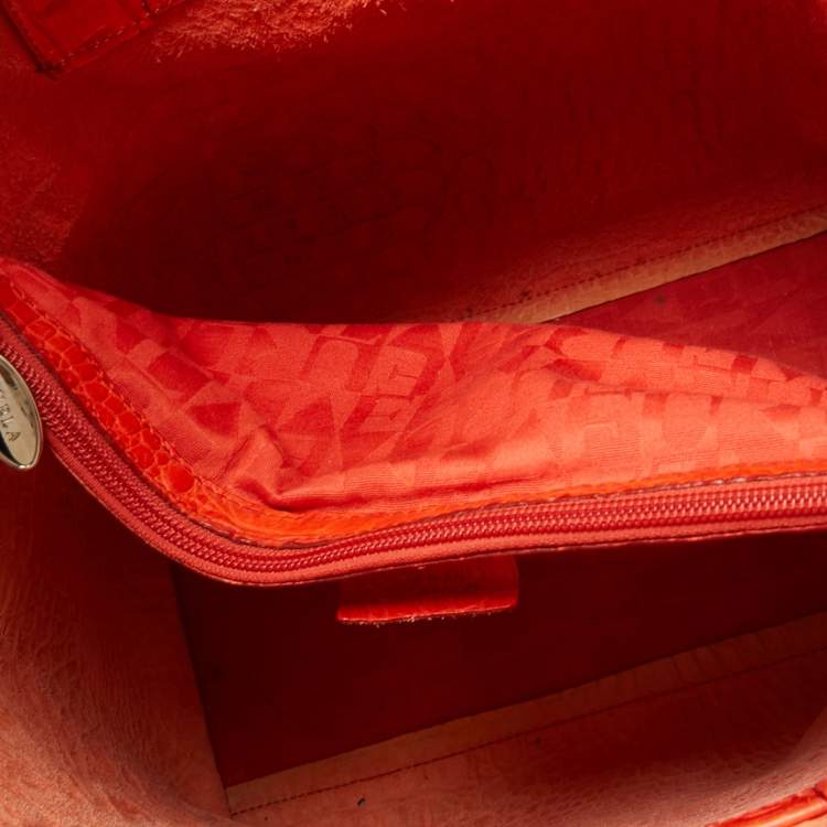 Pre Owned Furla Orange Croc Embossed Leather Divide It Tote