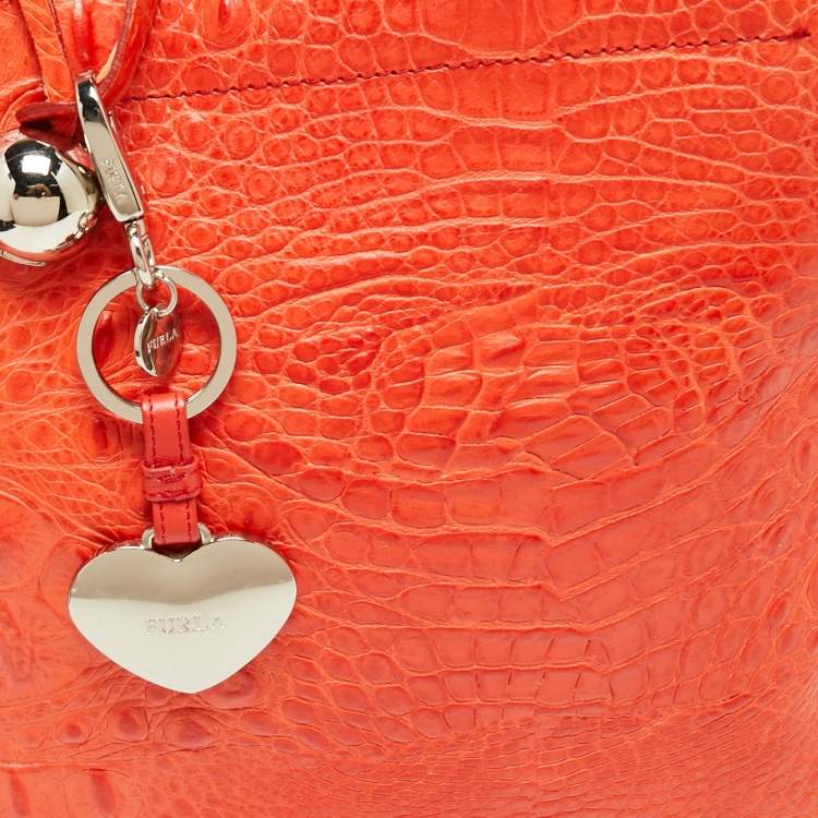 Pre Owned Furla Orange Croc Embossed Leather Divide It Tote