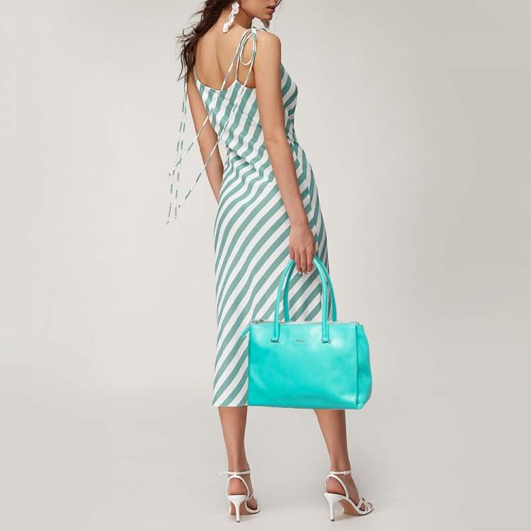 Pre Owned Furla Aqua Green Leather Linda Tote