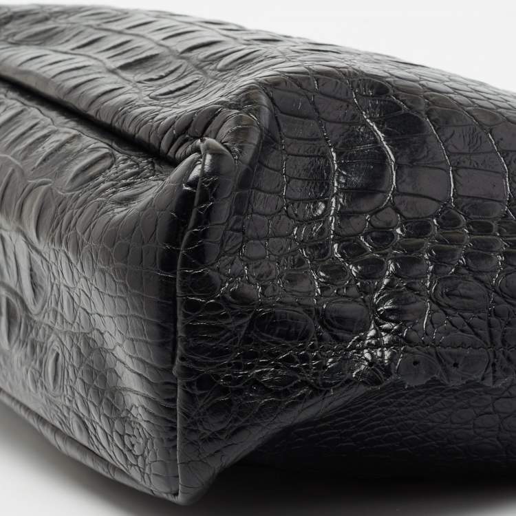 Pre Owned Furla Black Croc Embossed Glossy Leather Scalloped Tote