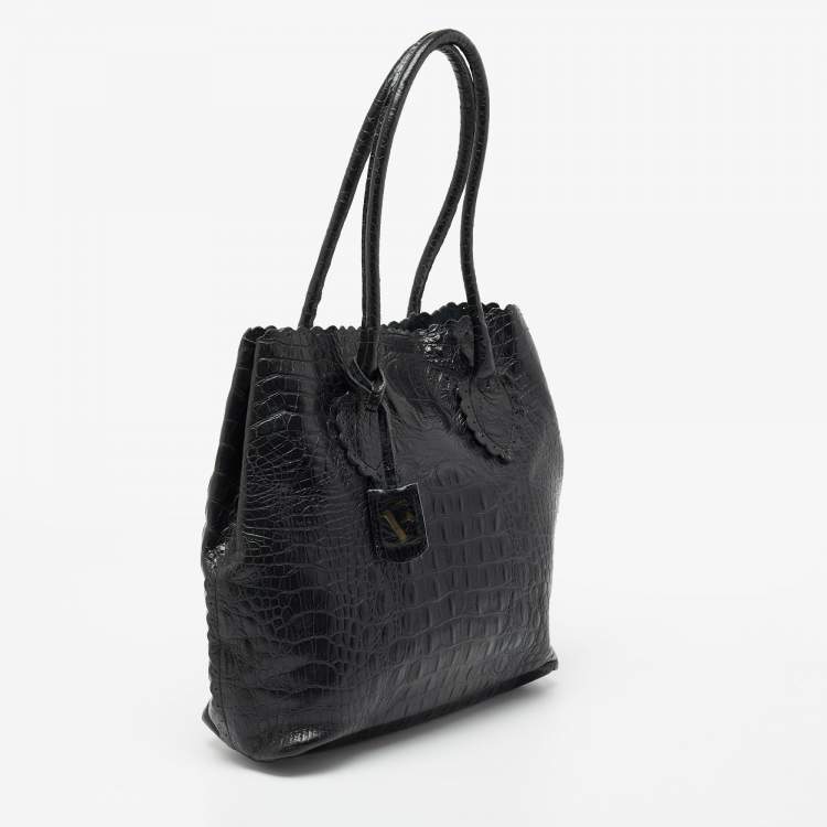 Pre Owned Furla Black Croc Embossed Glossy Leather Scalloped Tote