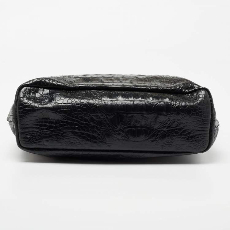 Pre Owned Furla Black Croc Embossed Glossy Leather Scalloped Tote