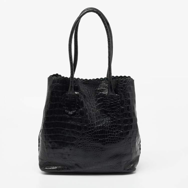 Pre Owned Furla Black Croc Embossed Glossy Leather Scalloped Tote