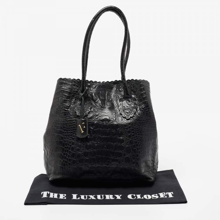 Pre Owned Furla Black Croc Embossed Glossy Leather Scalloped Tote