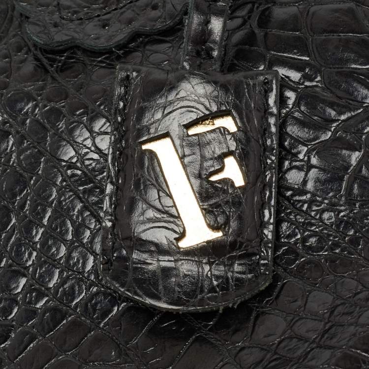 Pre Owned Furla Black Croc Embossed Glossy Leather Scalloped Tote