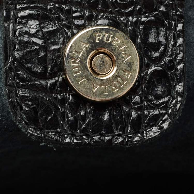 Pre Owned Furla Black Croc Embossed Glossy Leather Scalloped Tote