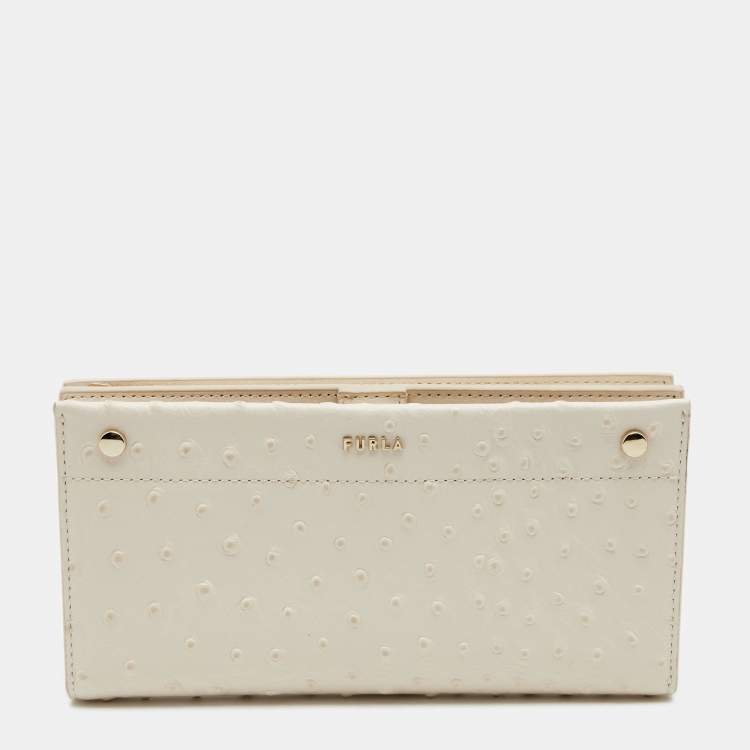 Pre Owned Furla Cream Ostrich Embossed Leather Continental Wallet