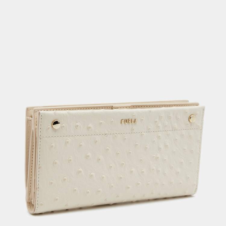 Pre Owned Furla Cream Ostrich Embossed Leather Continental Wallet