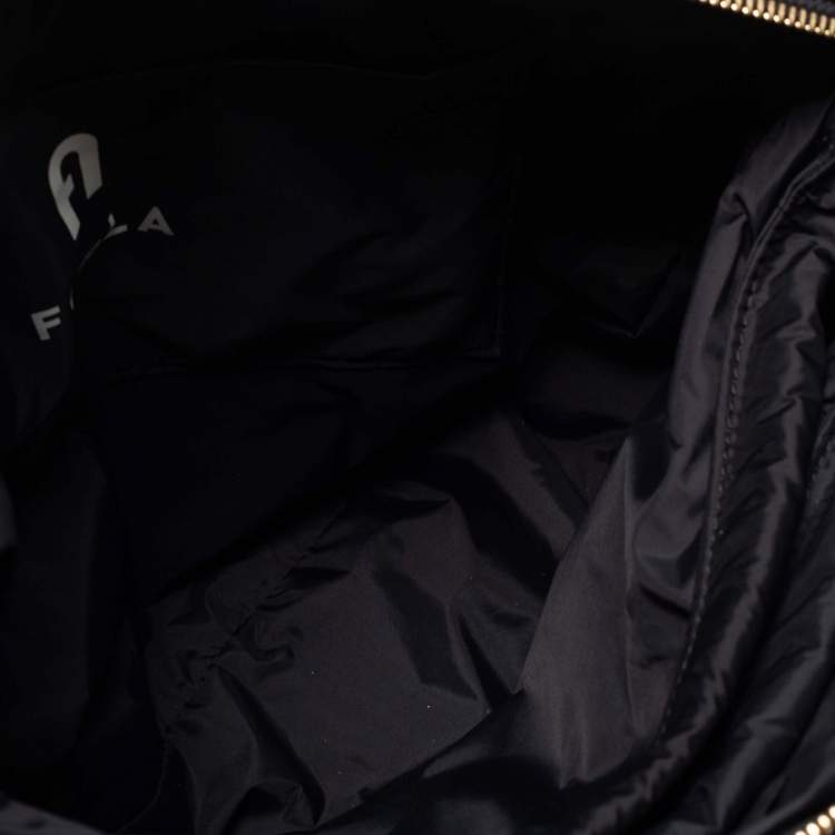 Pre Owned Furla Black Quilted Padded Nylon and Leather Zip Top Tote
