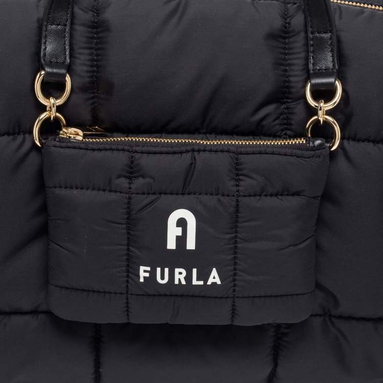 Pre Owned Furla Black Quilted Padded Nylon and Leather Zip Top Tote