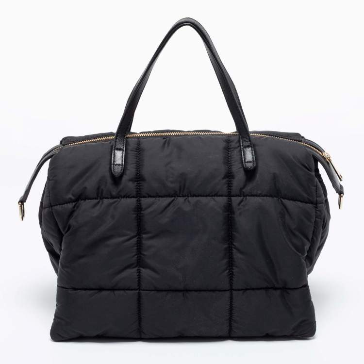 Pre Owned Furla Black Quilted Padded Nylon and Leather Zip Top Tote