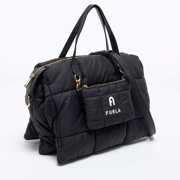 Pre Owned Furla Black Quilted Padded Nylon and Leather Zip Top Tote