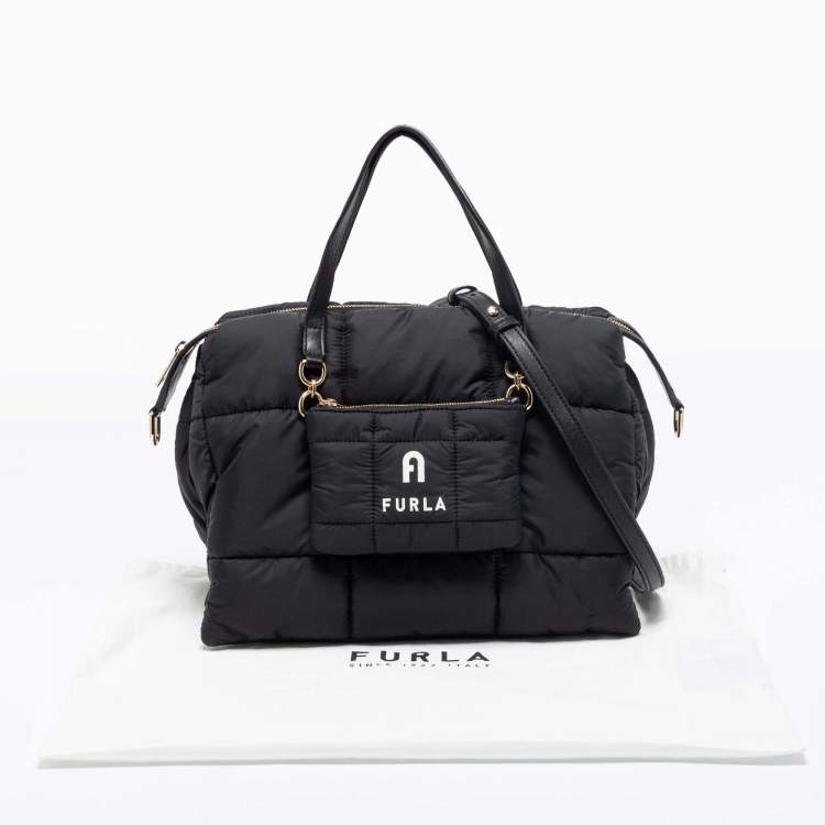 Pre Owned Furla Black Quilted Padded Nylon and Leather Zip Top Tote
