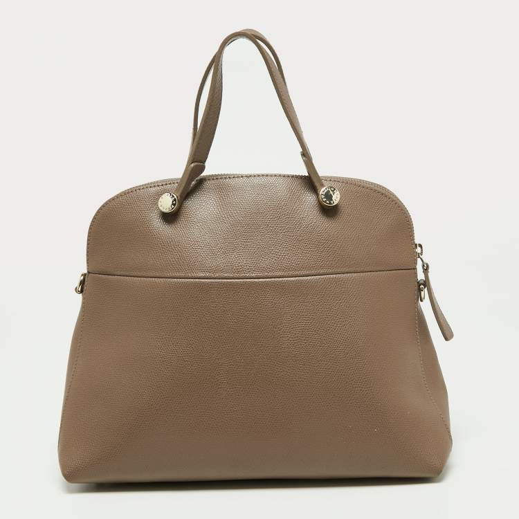Pre Owned Furla Dark Beige Leather Piper Dome Satchel