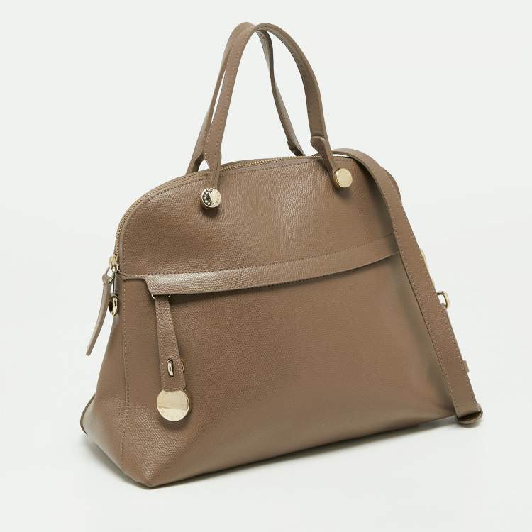 Pre Owned Furla Dark Beige Leather Piper Dome Satchel