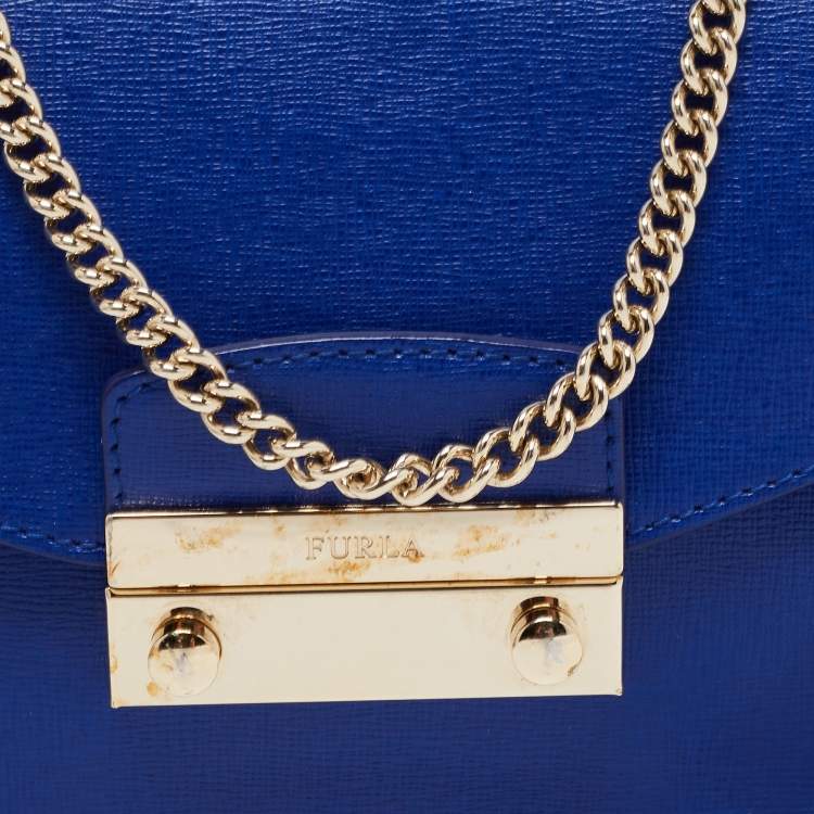 Pre Owned Furla Royal Blue Saffiano Leather Mini Metropolis Chain Shoulder Bag