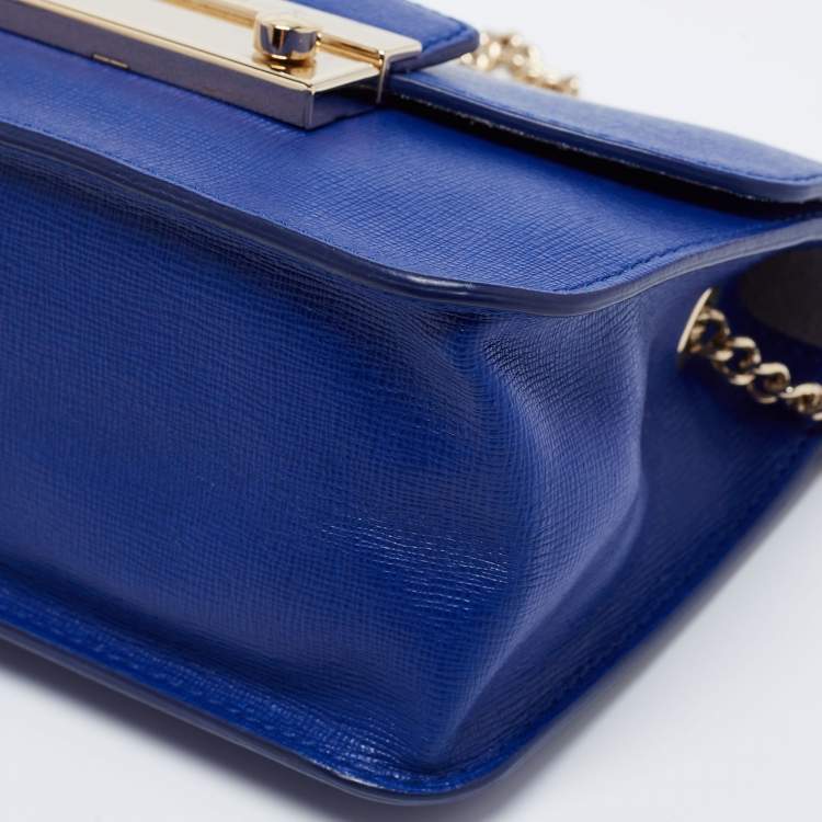 Pre Owned Furla Royal Blue Saffiano Leather Mini Metropolis Chain Shoulder Bag