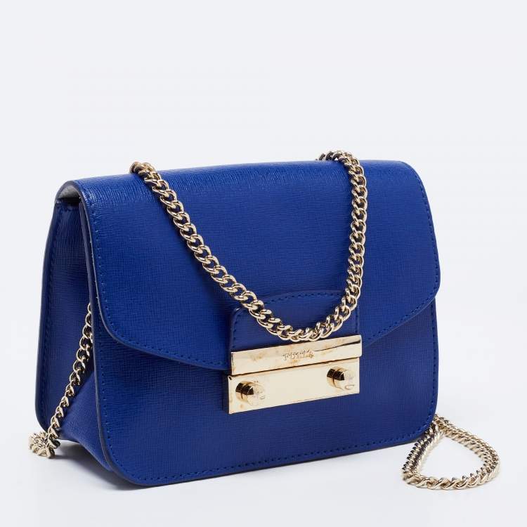 Pre Owned Furla Royal Blue Saffiano Leather Mini Metropolis Chain Shoulder Bag