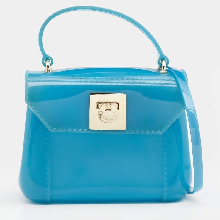 Pre Owned Furla Blue Glossy Rubber Mini Candy Top Handle Bag