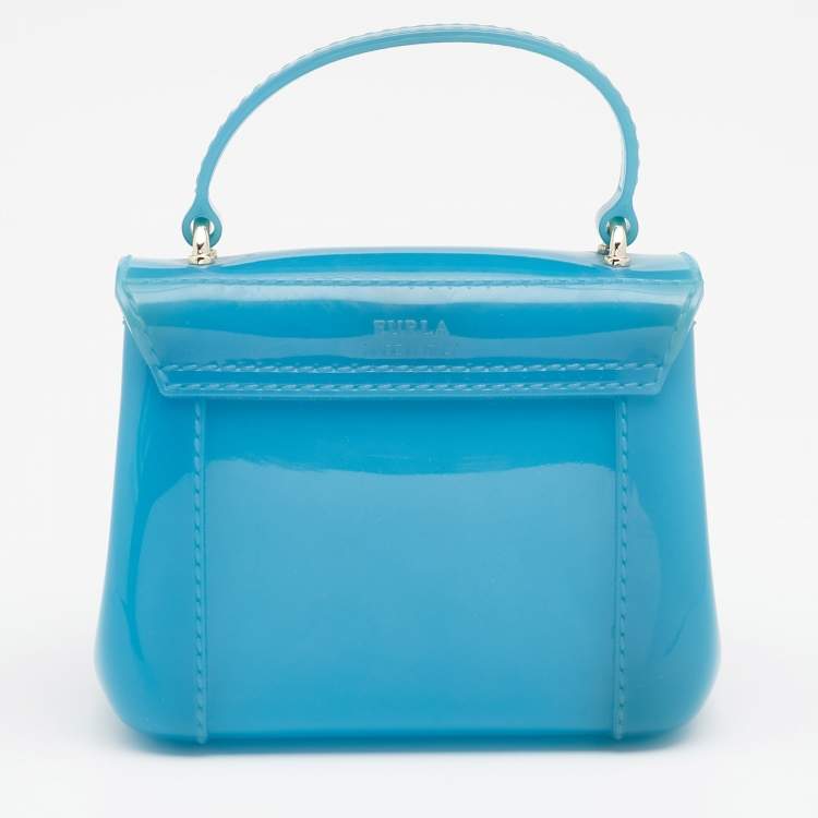 Pre Owned Furla Blue Glossy Rubber Mini Candy Top Handle Bag