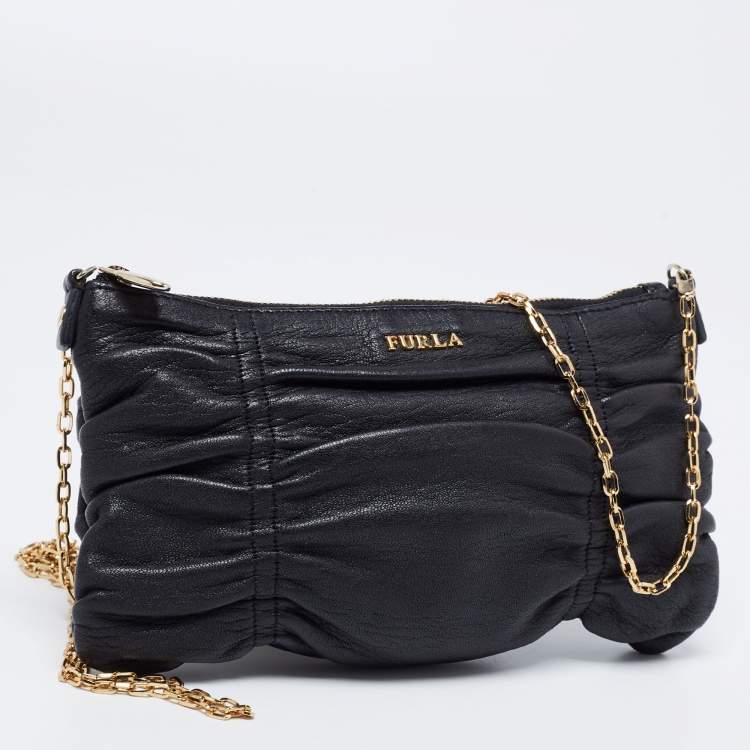 Pre Owned Furla Black Leather Chain Crossbody Bag