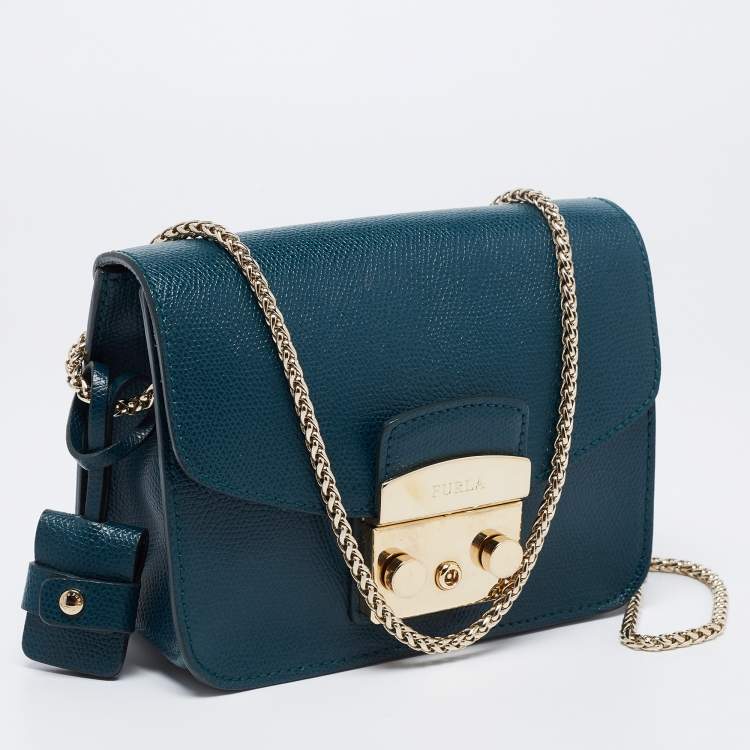 Pre Owned Furla Green Leather Mini Metropolis Shoulder Bag