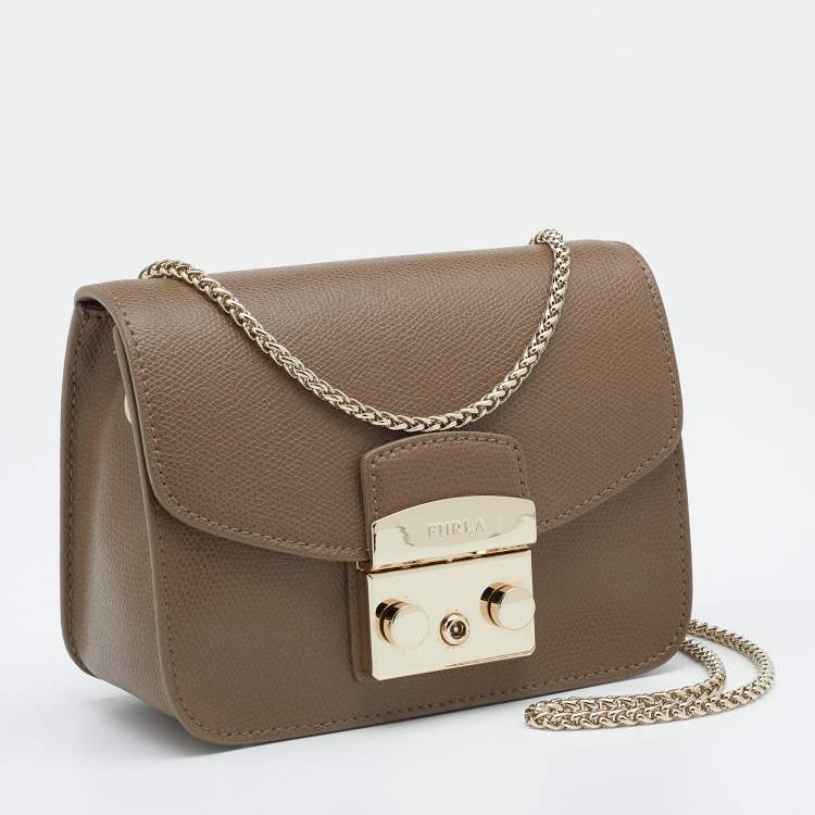 Pre Owned Furla Taupe Leather Mini Metropolis Chain Crossbody Bag