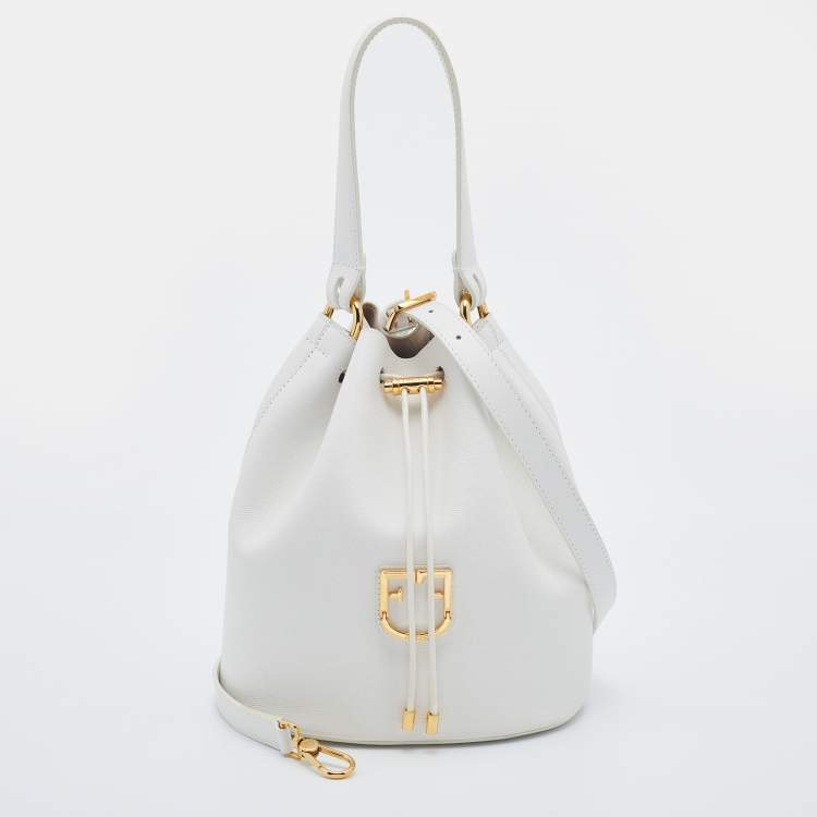Pre Owned Furla White Leather Corona Drawstring Bucket Bag