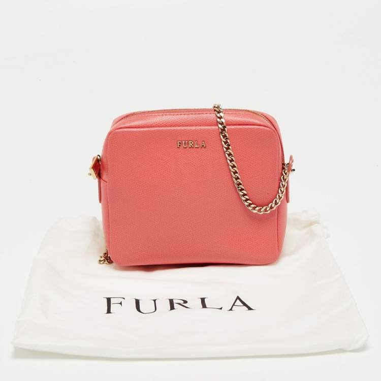 Pre Owned Furla Melon Orange Leather Boheme Chain Crossbody Bag