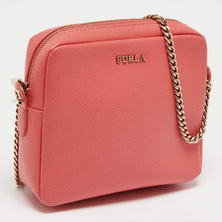Pre Owned Furla Melon Orange Leather Boheme Chain Crossbody Bag