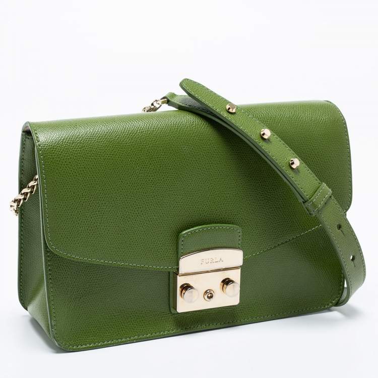 Pre Owned Furla Olive Green Leather Small Metropolis Crossbody Bag