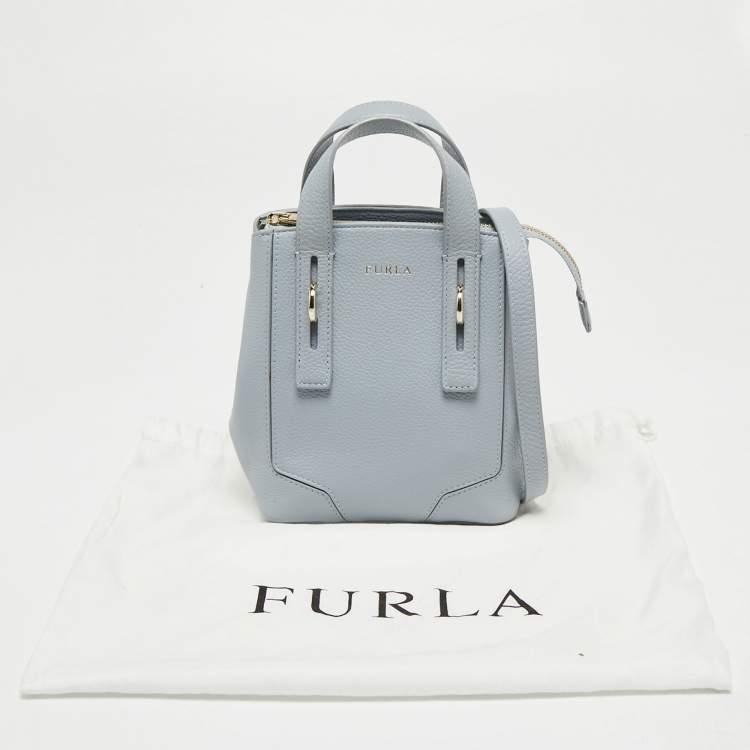 Pre Owned Furla Pale Blue Leather Mini Perla Tote