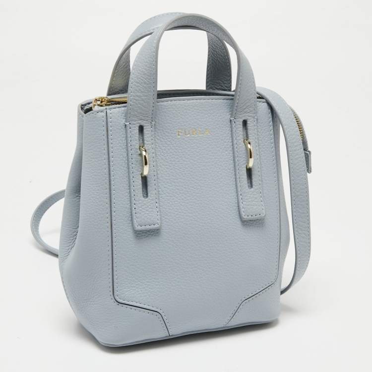 Pre Owned Furla Pale Blue Leather Mini Perla Tote