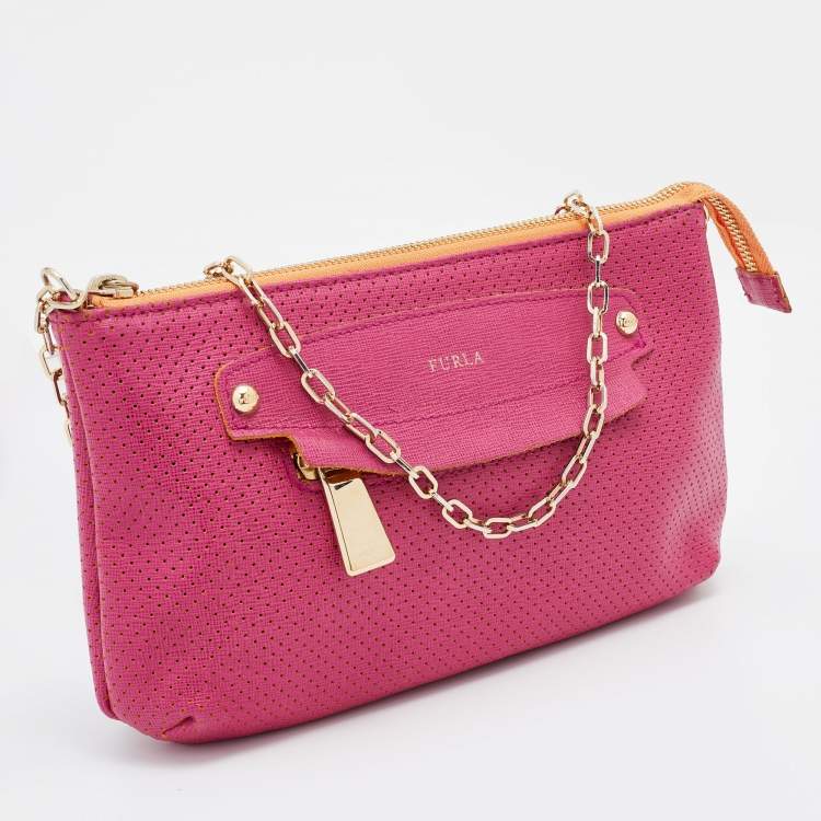 Pre Owned Furla Pink Perforated Leather Chain Crossbody Bag