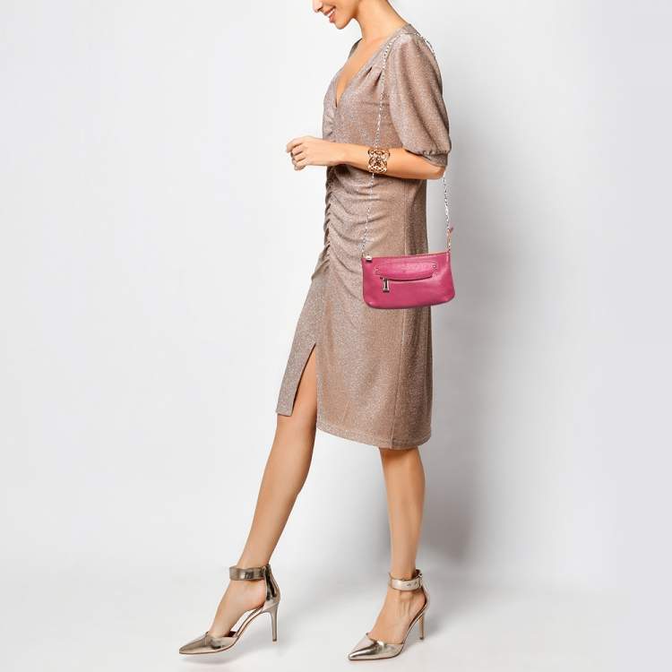 Pre Owned Furla Pink Perforated Leather Chain Crossbody Bag