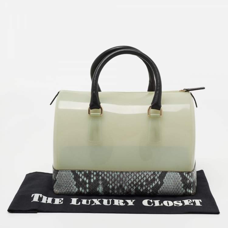 Pre Owned Furla Black/Grey Rubber and Python Embossed Leather Medium Candy Satchel