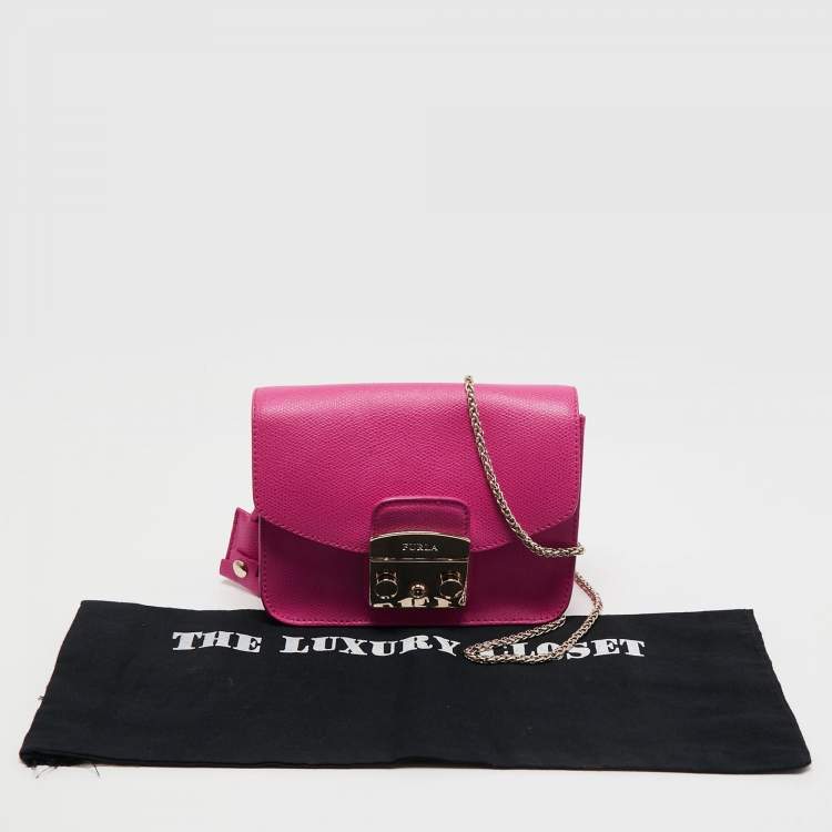 Pre Owned Furla Pink Leather Mini Metropolis Chain Crossbody Bag