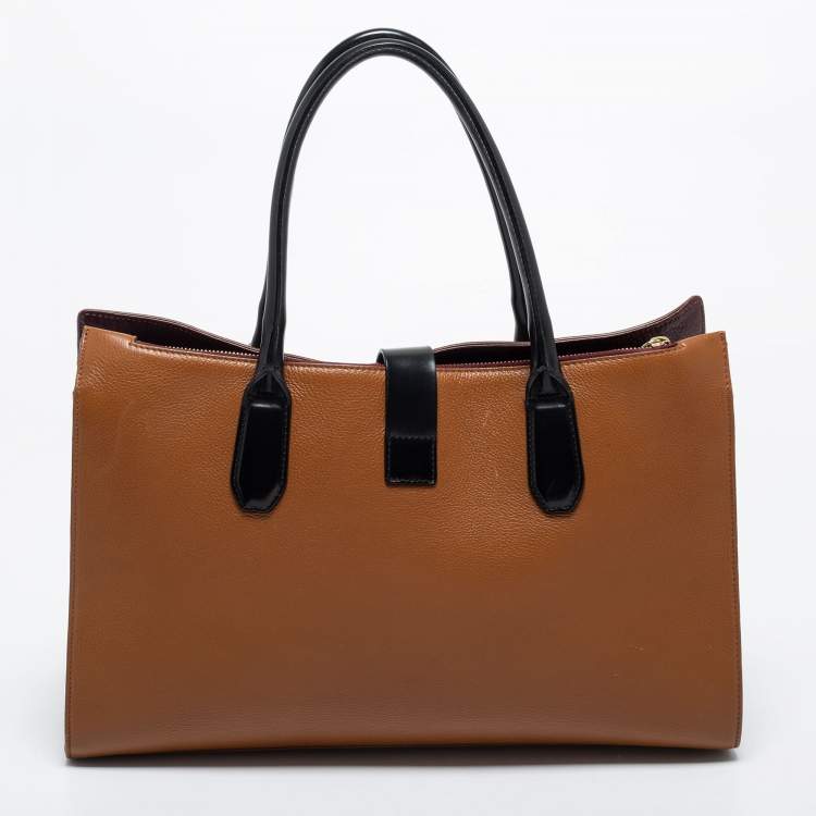 Pre Owned Furla Brown/Black Leather Pushlock Flap Tote